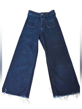 Zara Cropped Wide Leg Jeans Women's Dark Wash Raw Hem High Rise Denim Size 2